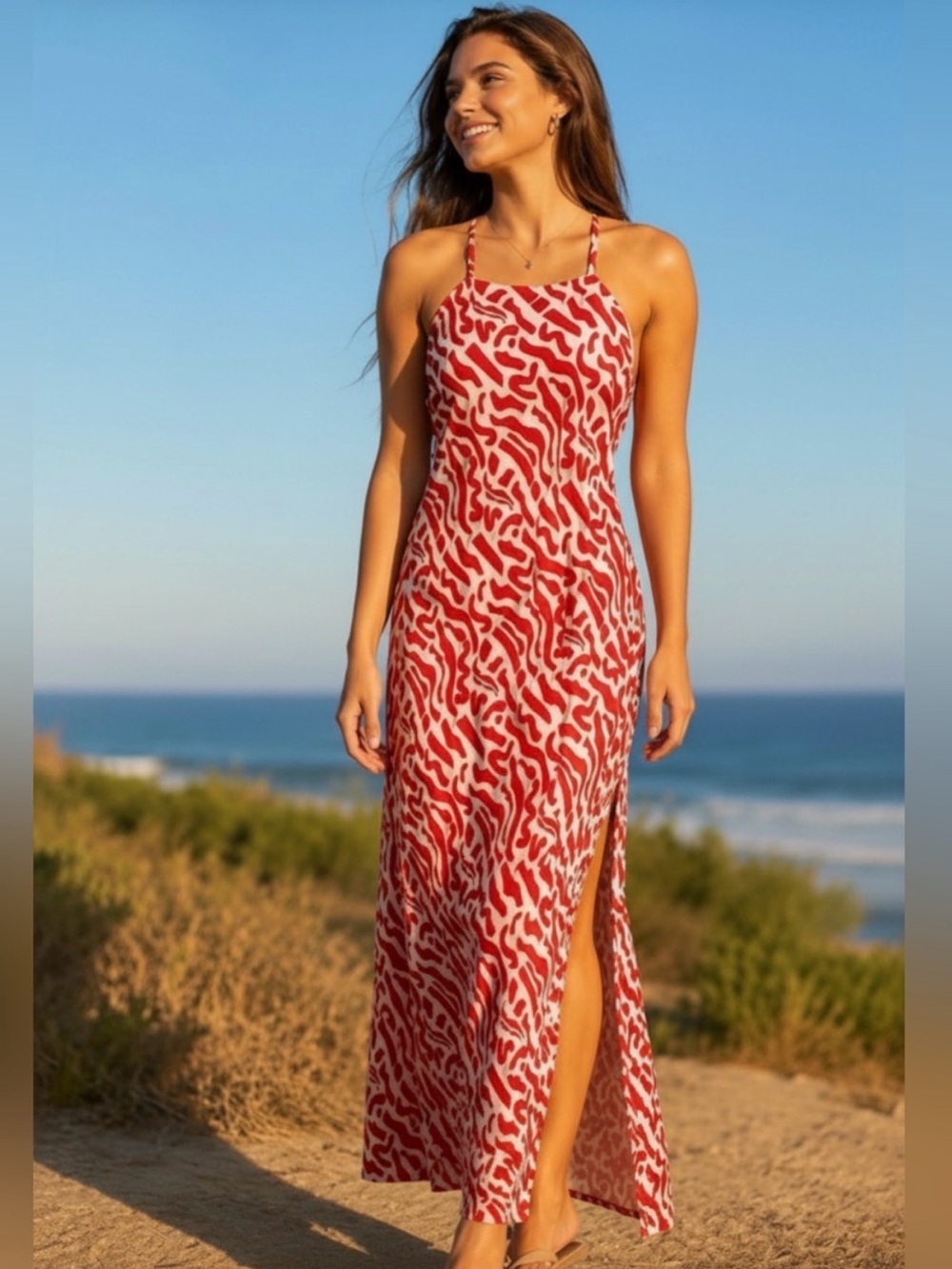 Band of the Free Red & Cream Patterned, Textured Halter Slip Dress Size Small
